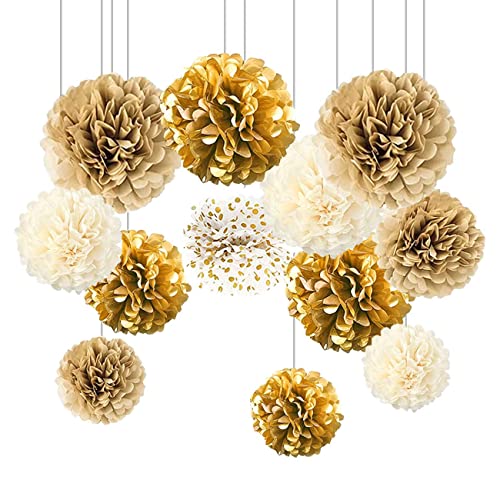 CC wonderland zone Goldene Hochzeit Deko,12 Stück Gold Creme Papier Pompons,Beige Weiß PomPoms für Party Deko von CC wonderland zone