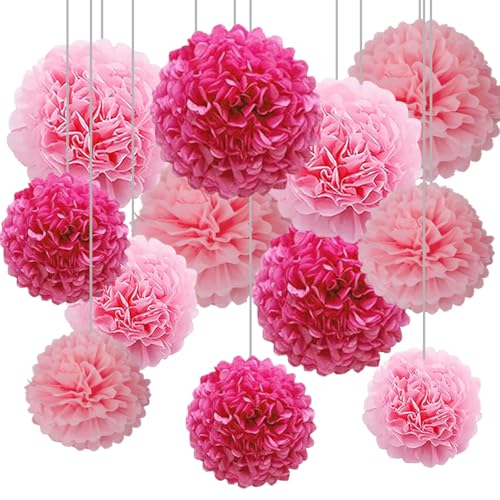 12 Stück Rosa Seidenpapier Pompons,Papier Pom Poms Seidenpompons für Party Deko(Heißes Rosa,Rosa und Hellrosa) von CC wonderland zone