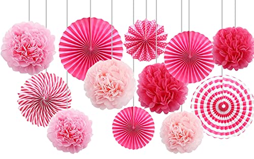 CC wonderland zone 12 Stück Rosa Seidenpapier Pompons und Hängende Papierfächer Set,Papier Seidenpompons und Papier Fächer für Party Deko von CC wonderland zone