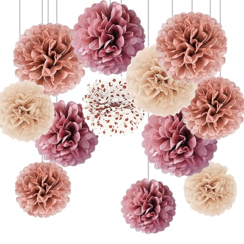 CC wonderland zone 12 Stück Rosegold,Weinrot,Rosa Seidenpapier Pompons,Gold Dot Weiß Papier Pom Poms Seidenpompons für Party Deko(12pcs,8"&10"&12") von CC wonderland zone