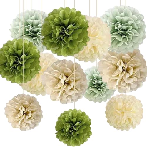 CC wonderland zone 12 Stück Salbeigrün Beige Olivgrün Cream Papier Pompoms für Brautparty Babyparty Geburtstagsdeko Boho Hochzeit Party Deko von CC wonderland zone