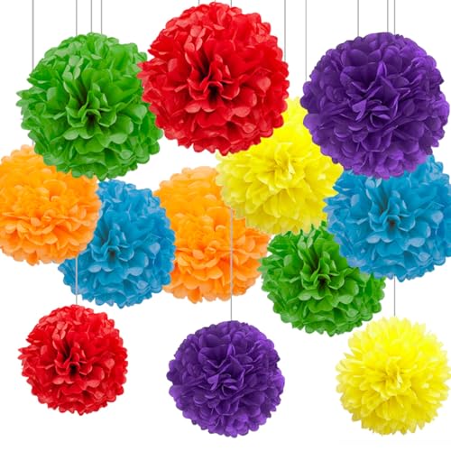 CC wonderland zone 12 Stück Seidenpapier Pompons Bunt,Seidenpompons Mehrfarbig Papier Pompons für Faschingsdeko,Karnevalsdeko,Regenbogen Party Deko von CC wonderland zone