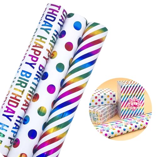 3 Rollen Hochwertiges Geschenkpapier Geburtstag Bunt 43cm x 3m,Regenbogenfarben Geschenkverpackung Papier für Weihnachten,Geburtstag, Kindertag(Punkten/Streifen/Happy Birthday) von CC wonderland zone