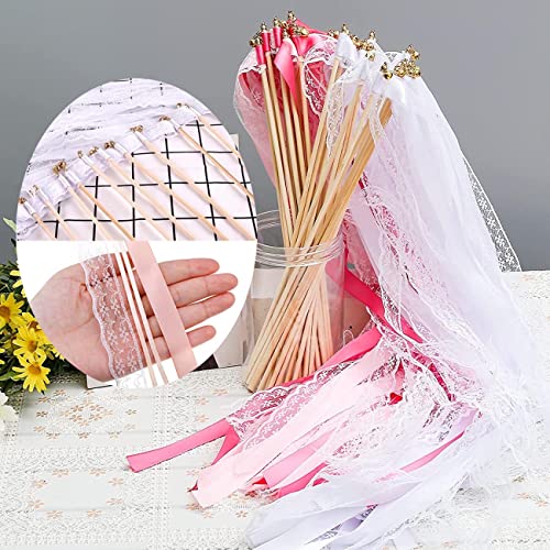 CC wonderland zone 30 Stück Rosa Wedding Wand Romantic mit Hochzeitsbändern,Zauberstäbe Hochzeit Luftschlangen mit Glocken, Spitzenfeenstab Seidenfeenstab für Hochzeit Party von CC wonderland zone