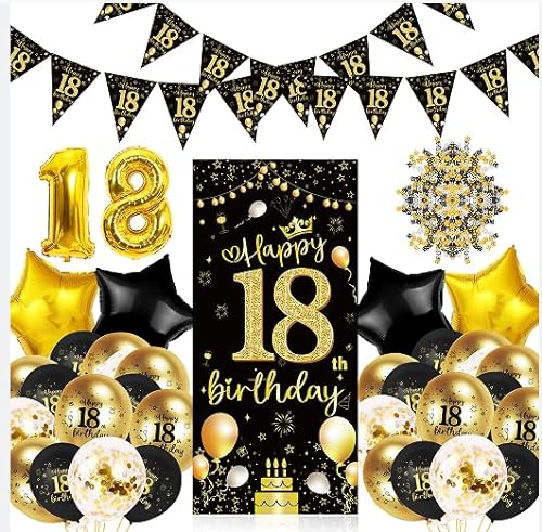 Deko 18 Geburtstag,18. Geburtstag Party Dekoration für Junge oder Mädchen,18 Happy Birthday Banner Schwarz Gold von CC wonderland zone