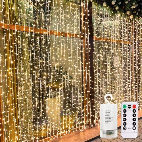 CCILAND 300 LED Lichtvorhang, 3mx3m Lichtkette Vorhang 8 Modes LED String Licht mit Fernbedienung Timer Vorhang Lichter für Weihnachtsfeier Innen- und Außendekoration (Warmweiß) von CCILAND