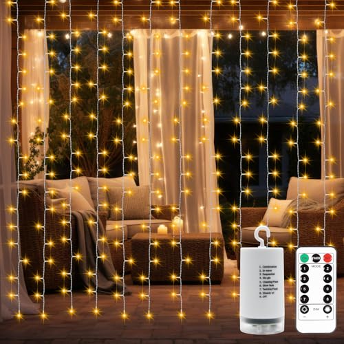 CCILAND 300 LED Lichtvorhang, 3mx3m Lichtkette Vorhang 8 Modes LED String Licht mit Fernbedienung Timer Vorhang Lichter für Weihnachtsfeier Innen- und Außendekoration (Warmweiß) von CCILAND