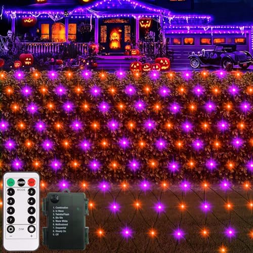 CCILAND Halloween-Netzlichter, batteriebetrieben, 1,5 m x 1,5 m, 100 LEDs, violett-orangefarbenes Netz, für den Außenbereich, mit Fernbedienung, 8 Modi, Timer, schwarze Drahtgitter-Lichterkette für CCILAND Halloween-Netzlichter, batteriebetrieben, 1,5 m x 1,5 m, 100 LEDs, violett-orangefarbenes Netz, für den Außenbereich, mit Fernbedienung, 8 Modi, Timer, schwarze Drahtgitter-Lichterkette für von CCILAND