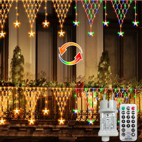 CCILAND Weihnachten Lichternetz Außen, 4M 196 LED Stern Lichternetz mit Fernbedienung Timer, Lichterkette Netz Wasserdicht für Eaves Balkone Urlaub Dekor-Warmweiß & Mehrfarbig von CCILAND