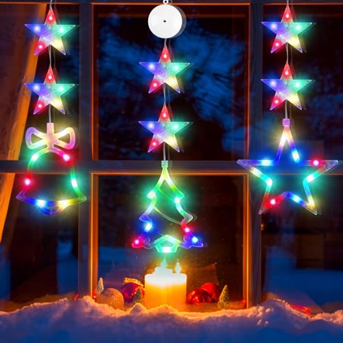 CCINEE Weihnachts-Fensterlichter, Dekorationen, batteriebetrieben, mehrfarbig, Weihnachts-Fensterdekorationen, Baum, Glöckchen, sternförmige LED-Saugnapf-Lampe mit Saugnapf für Weihnachtsbaum, Kamin, von CCINEE