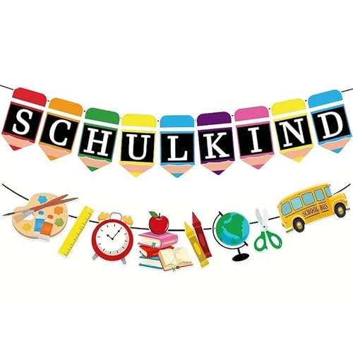 2 Stück SCHULKIND Einschulung Dekorations-Set, 200cm Banner und Girlande, Schulanfang Party-Deko aus Karton für Garten Geburtstag Einschulung Schulkind (Pastell) von CCUUHJ