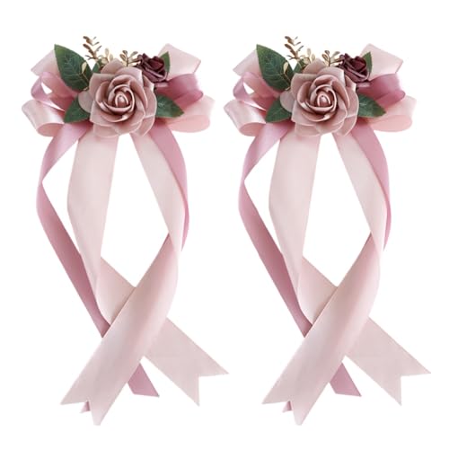 Hochzeits-Auto-Banddekorationsset mit künstlichen Blumen für Autospiegel, 35,6 cm, Hochzeit, Autotürgriff, Schleifen, Dekoration, Blumenstrauß, Zubehör, Rosa, 2 Stück von CCUUHJ