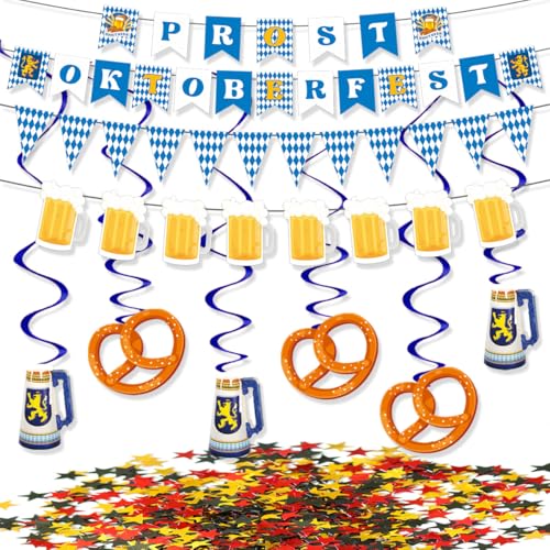 Oktoberfest-Deko Set: 4 Stück Bierzelt Fahnen + 6 Spiralgirlanden + 15g Schwarz-Gold-Rot Konfetti | Traditionelle Papier-Dekoration mit 5m Schnur (Mehrfarbig) von CCUUHJ