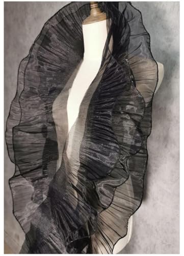 Organza Rüschen-Spitzenborte, 13 cm x 2,7 m, Plissierte Tüll-Rüschen für Hochzeitskleider und Dekoration, Weiß (Schwarz) von CCUUHJ