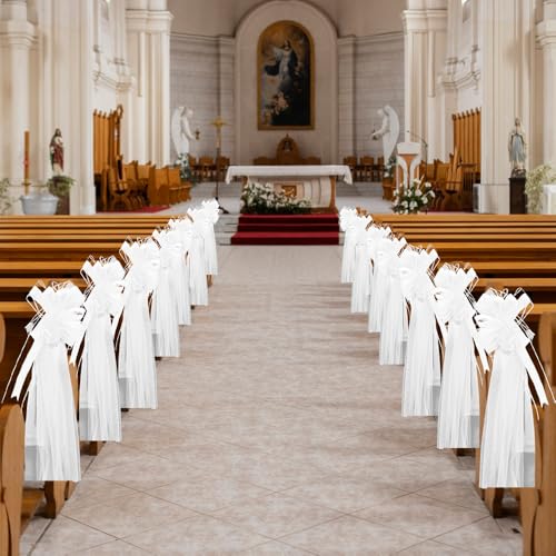Satinband Satz von 8 großen Hochzeit Pew Bögen mit langen Tüll Schwänze Kirche Stuhl Gang Dekorationen Hochzeit Auto Dekoration große Bögen für Brautdusche Empfang Geburtstag (Weiß) von CCUUHJ