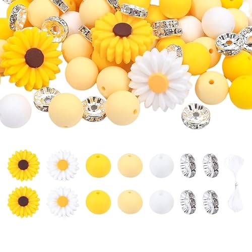 Silikon-Perlenset für Schmuckherstellung, 80 Stück, 12 mm, Gänseblümchen-Design, Grün-Weiß-Beige, mit Strassrondellen (Gelb) von CCUUHJ
