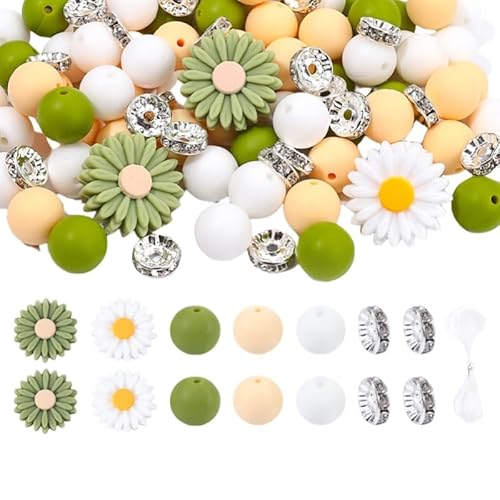 Silikon-Perlenset für Schmuckherstellung, 80 Stück, 12 mm, Gänseblümchen-Design, Grün-Weiß-Beige, mit Strassrondellen (Grün) von CCUUHJ