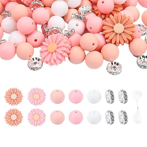 Silikon-Perlenset für Schmuckherstellung, 80 Stück, 12 mm, Gänseblümchen-Design, Grün-Weiß-Beige, mit Strassrondellen (Rosa) von CCUUHJ