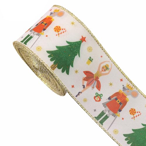 Weihnachtsband mit Nussknacker, Drahtrand, 4,5 m, Stoffrolle für Geschenke, Haarschleifen, Nähen, Bastelbedarf, 6,3 cm breit, Weiß und Grün von CCUUHJ