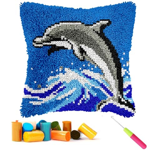 CCWORAN Delfin-Knüpfhaken-Set für Erwachsene, Anfänger, Kinder, Kissenbezüge, Bastelsets, Häkeln, vorgedruckte Leinwand, Wolle, Garn, Hobbys, DIY, Sofa, Heimdekoration, Frauengeschenk 2 von CCWORAN