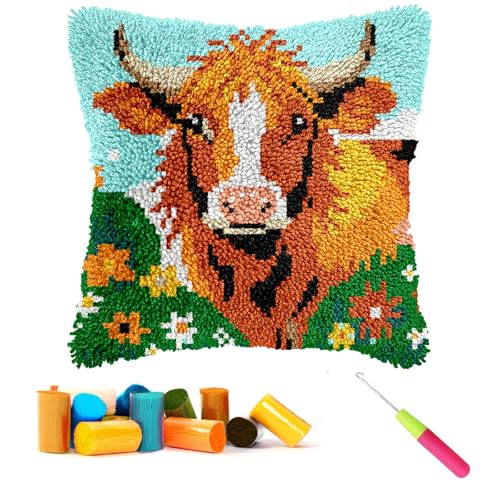 CCWORAN Highland Cow Knüpfhaken-Set für Erwachsene, Anfänger, Kinder, Kissenbezüge, Bastelsets, Häkeln, vorgedruckte Leinwand, Wolle, Garn, Hobbys, DIY, Sofa, Heimdekoration, Frauen, Geschenk, 15 von CCWORAN