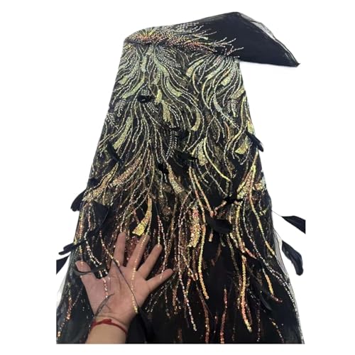 Afrikanische Nigerianische Pailletten Spitze Mode 3D Feder Stickerei Französisch Tüll Spitze Stoff For Braut Hochzeit Party Kleid 5 Yard(1 african lace) von CCZRD