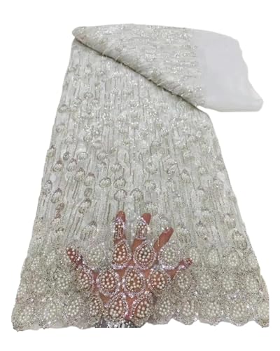 Afrikanischer Pailletten-Spitzenstoff, Spitzenstickerei, 3D-Perlen-Mesh-Stoff, 5 Yards, For Frauen, Hochzeit, Party, Kleid(8) von CCZRD