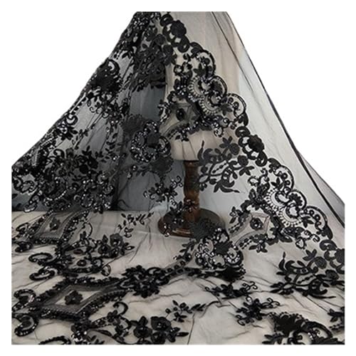 Diy Handgemachte Tüll Spitze Stoff Pailletten Bestickt Afrikanische Französische Spitze For Hochzeit Abend Party Kleid Cheongsam(Black) von CCZRD
