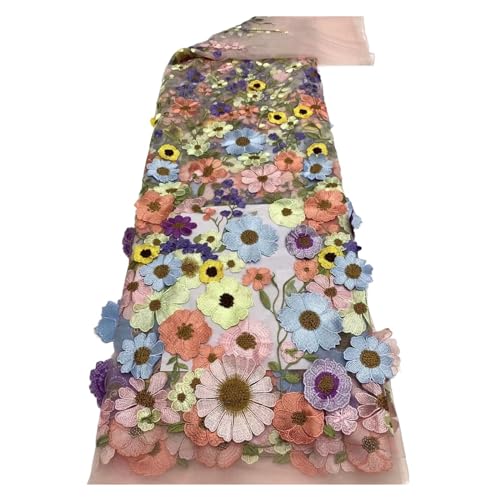 Luxuriöser Spitzenstoff Mit 2D-Applikationsblumen, Mehrfarbiges Spitzenmaterial For Kleider, 1 Yard(Pink blue) von CCZRD
