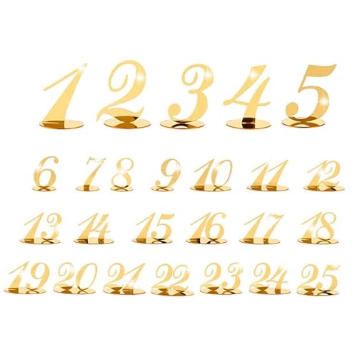 Acryl Tischnummern, Hochzeit Tischnummern Ständer Gold mit Halter Basis Elegant Spiegel Tischnummer Schilder für Hochzeit Tischdekoration Hochzeit Party (1-25) von CDIYTOOL