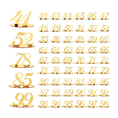 Acryl Tischnummern, Hochzeit Tischnummern Ständer Gold mit Halter Basis Elegant Spiegel Tischnummer Schilder für Hochzeit Tischdekoration Hochzeit Party (41-99) von CDIYTOOL