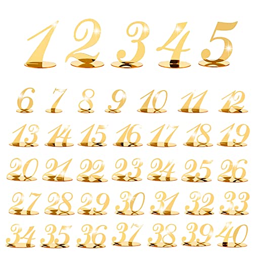 CDIYTOOL Hochzeit Tischnummern, Gold Spiegel Acryl Tischnummern Schilder mit Halter Basis, Empfang Tischnummern Tischnummern Karten für Party Event Catering Dekor (1-40) von CDIYTOOL