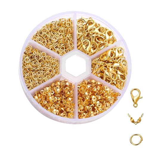 570 Pcs Armband Verschlüsse Set,Perlen Verschlüsse,Verschlüsse für Armbänder,Kettenverschluss,Biegeringe Karabinerverschluss und Crimpenden,Schmuckverschlüsse,für DIY Schmuck Basteln-Gold von CDRPD
