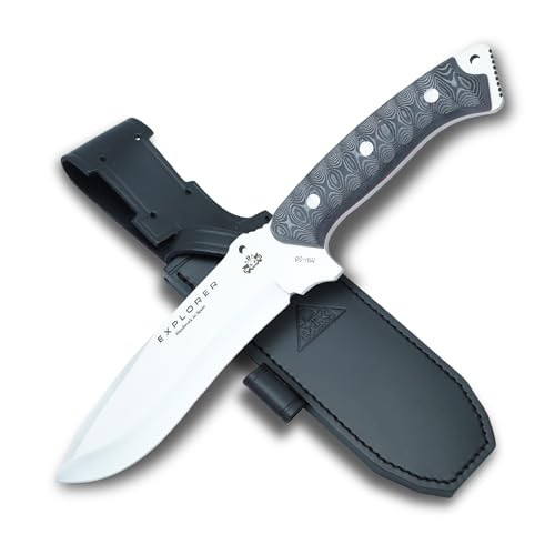 CDS Explorer Messer mit 17 cm MOVA-58 Stahlklinge 56–60 HRC, Full Tang, Drop Point Spitze, 5 mm Klingenstärke, schwarzem Micarta Canvas Griff und Lederscheide von CDS