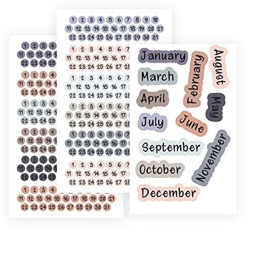 CDXHOME Datumspunkte, 12 Monate, kleine Zahlenaufkleber, 3 Stück, Morandi-Farbsystem – perfekt für Planer und Tagebücher von CDXHOME