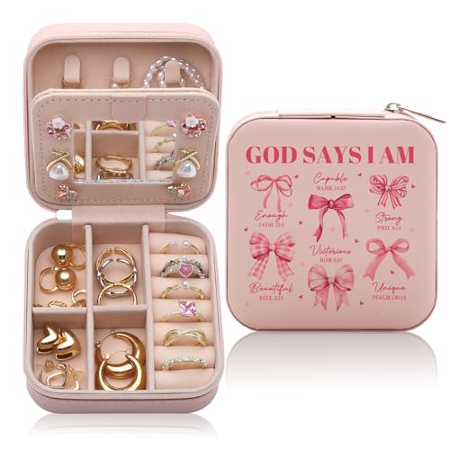God Says I Am Schmuckschatulle, inspirierende, christliche Geschenke, religiöser Glaube, Bibelvers, Schmucketui, rosa Kokette Schleife, Reise-Schmuck-Organizer God Says I Am Schmuckschatulle, inspirierende, christliche Geschenke, religiöser Glaube, Bibelvers, Schmucketui, rosa Kokette Schleife, Reise-Schmuck-Organizer von CEASQVAA