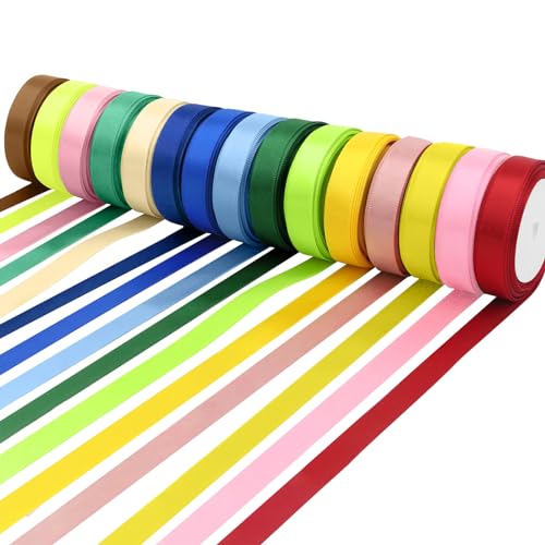 15 Farbe Satinband Bänder, 22m×25mm Regenbogen-Satinband Bunte Stoffbänder Große Seidensatin-Girlande Geschenkband Schleifenband für Hochzeit, Geschenkverpackung, Kunsthandwerk, Blumenstrauß von CECOMBINE