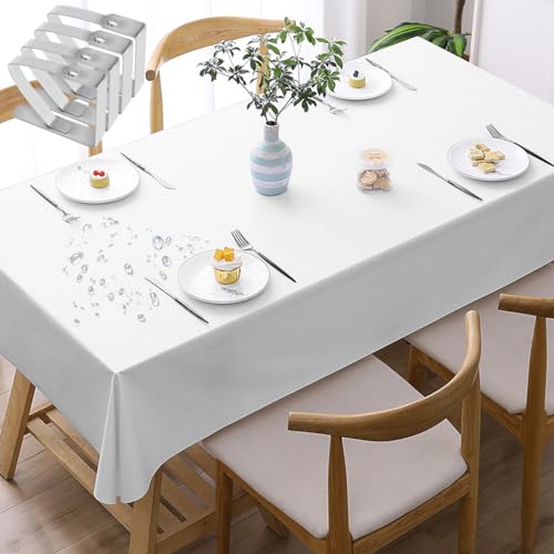 CECOMBINE Tischdecke Fleckschutz Abwaschbar Tischwäsche Wasserdicht Tischtuch PVC Plastik-Tischdecken mit 4pcsTischdeckenklammern für Esszimmer, Garten, Party, Hochzeiten, Weiß (Größe:140x220cm von CECOMBINE