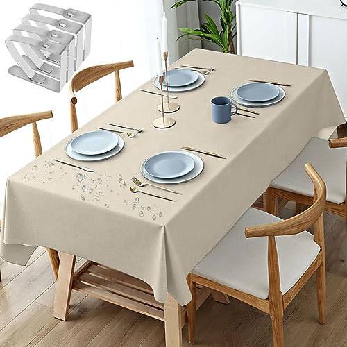 Tischdecke Fleckschutz Abwaschbar Tischwäsche Wasserdicht Tischtuch PVC Plastik-Tischdecken mit Tischdeckenklammern für Esszimmer, Garten, Party, Hochzeiten oder Haushalt, Beige (Größe:140x200cm von CECOMBINE