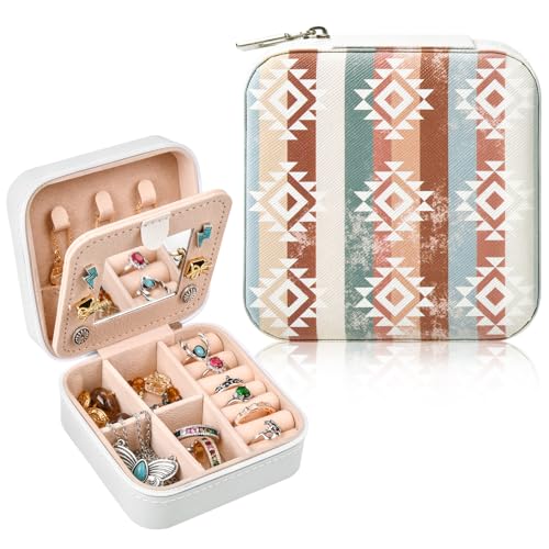 CEELGON Western-Schmuckschatulle, Boho-Druck, Reise-Schmuck-Organizer, Weihnachtsgeschenke für Frauen, Country-Mädchen, Cowgirl-Sachen, klein, tragbar, Reisezubehör für Frauen, Weiß, Boho von CEELGON