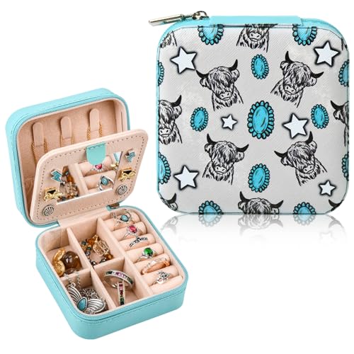 CEELGON Western-Schmuckschatulle, Motiv: Hochlandkuh, Reise-Schmuck-Organizer, Weihnachtsgeschenke für Frauen, Landhaus-Mädchen, Cowgirl, Kleines, tragbares Reisezubehör für Frauen, blaue Kuh CEELGON Western-Schmuckschatulle, Motiv: Hochlandkuh, Reise-Schmuck-Organizer, Weihnachtsgeschenke für Frauen, Landhaus-Mädchen, Cowgirl, Kleines, tragbares Reisezubehör für Frauen, blaue Kuh von CEELGON
