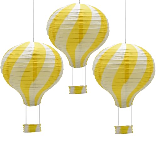 CEEYSEE 3 Stück Hängende Heißluftballon 30cm Bunt Papier Ballon Lampions mit Gondel Falten Papierlaterne für Hochzeit,Party Dekorationen (Gelb/RQHUS) von CEEYSEE