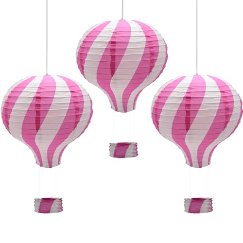 CEEYSEE 3 Stück Hängende Heißluftballon 30cm Bunt Papier Ballon Lampions mit Gondel Falten Papierlaterne für Hochzeit,Party Dekorationen (Rosa/RQFNS) von CEEYSEE