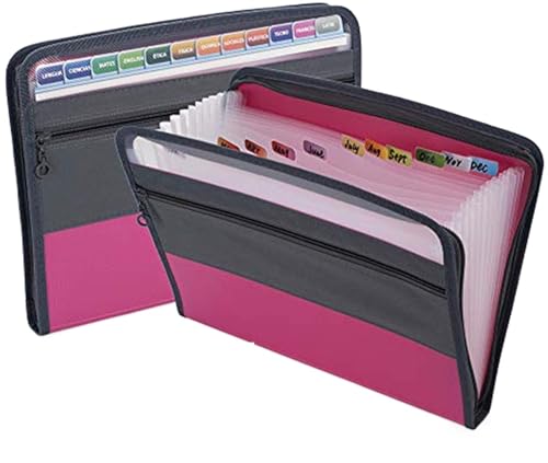 Akkordeon-Aktenordner, Fächermappe A4 mit Klebeetiketten, 13 Fächer, Akkordeon-Dokumenten-Organizer mit Reißverschluss, Akten-Organizer(Pink) von CEHJZQRPL