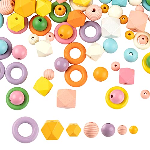 CEHJZQRPL 120 Stück bemalte Naturholzperlen, oval, rechteckig, Stern, flach, rund, herzförmig, quadratisch, hölzerne Abstandshalter, lose Perlen(Round+Ring+Polygon) von CEHJZQRPL