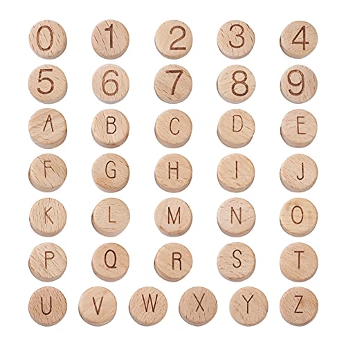 CEHJZQRPL 120 Stück natürliche ovale runde Holzperlen mit großem Loch, unbehandelte lose Holz-Abstandshalterperlen, Loch: 9–10 mm(Flat Round with Letter+Number) von CEHJZQRPL