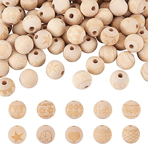 CEHJZQRPL 120 Stück natürliche ovale runde Holzperlen mit großem Loch, unbehandelte lose Holz-Abstandshalterperlen, Loch: 9–10 mm(Round 10 Styles) von CEHJZQRPL