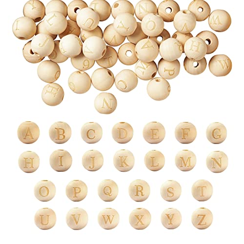 CEHJZQRPL 120 Stück natürliche ovale runde Holzperlen mit großem Loch, unbehandelte lose Holz-Abstandshalterperlen, Loch: 9–10 mm(Round with Alphabet 15~16mm) von CEHJZQRPL