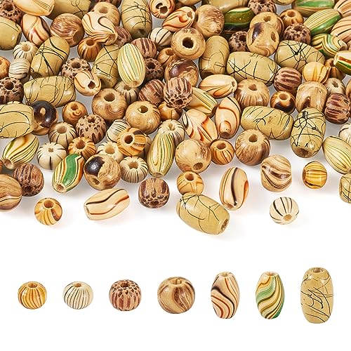CEHJZQRPL 140 Stück runde Perlen aus Naturholz, oval, bedruckt, gestreift, lose Holzperlen for Girlanden, Basteln, Makramee, Schmuckherstellung(7 Styles) von CEHJZQRPL