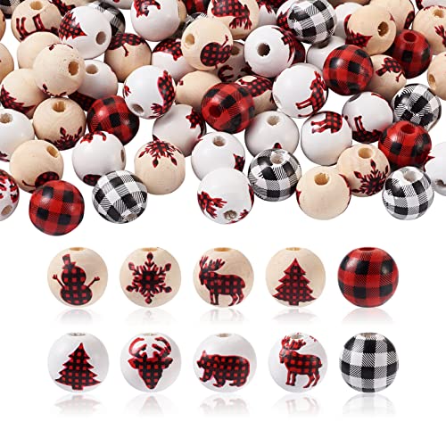 CEHJZQRPL 140 Stück runde Perlen aus Naturholz, oval, bedruckt, gestreift, lose Holzperlen for Girlanden, Basteln, Makramee, Schmuckherstellung(Christmas Theme 10 Styles) von CEHJZQRPL